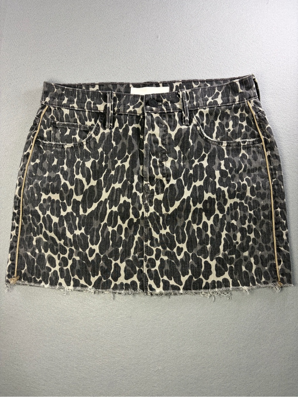 MOTHER Leopard-Print Denim Mini Skirt in Black and Cream with Contrast Piping
